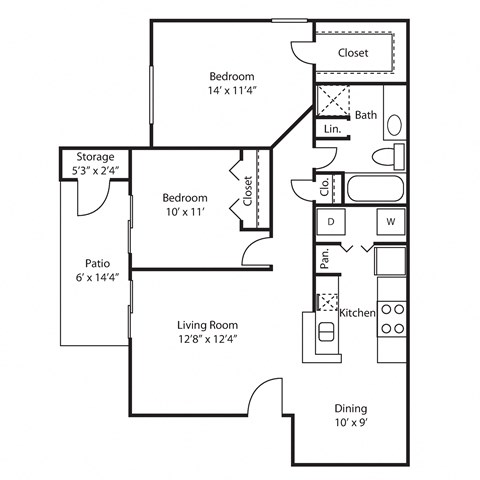 Floor plan for 2 beds, 1 bath, 890 sqft